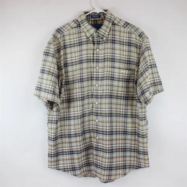 TownCraft Beige Blue Plaid Short-Sleeved Button-Up Men's Large