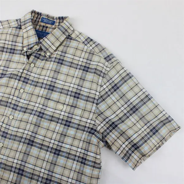 TownCraft Beige Blue Plaid Short-Sleeved Button-Up Men's Large
