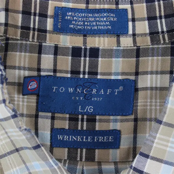 TownCraft Beige Blue Plaid Short-Sleeved Button-Up Men's Large