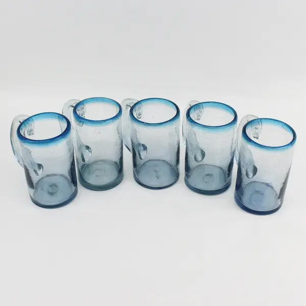 5 Hand Blown Glass Blue Beer Steins/Mugs 