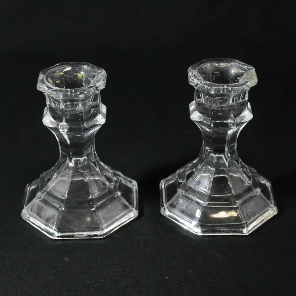  Set of 2 Luminessence Clear Glass Taper Candle Holders Octagon Base 4"