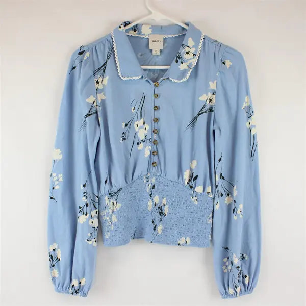 Maeve Black & White Floral Pattern Blue Long-Sleeved Collared Top Women's XS