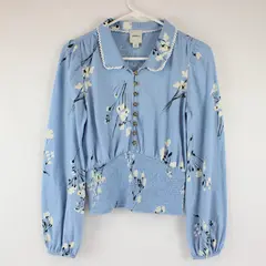 Maeve Black & White Floral Pattern Blue Long-Sleeved Collared Top Women's XS
