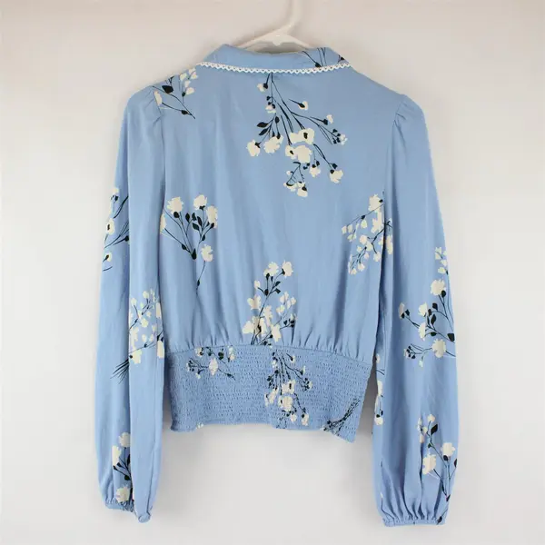 Maeve Black & White Floral Pattern Blue Long-Sleeved Collared Top Women's XS