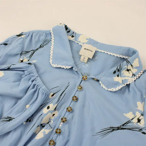 Maeve Black & White Floral Pattern Blue Long-Sleeved Collared Top Women's XS