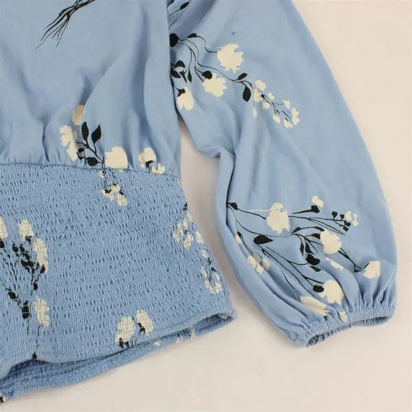 Maeve Black & White Floral Pattern Blue Long-Sleeved Collared Top Women's XS