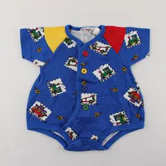 Le Top Teddy Bear Train Print Primary Colors Short-Sleeved One-Piece 6 Mo