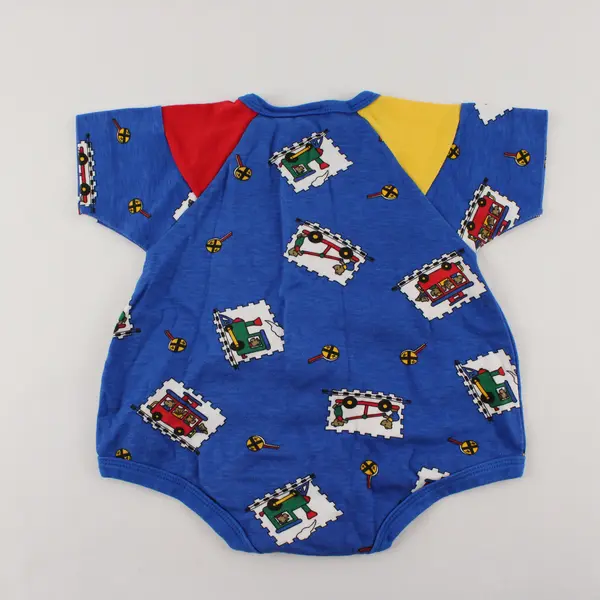 Le Top Teddy Bear Train Print Primary Colors Short-Sleeved One-Piece 6 Mo