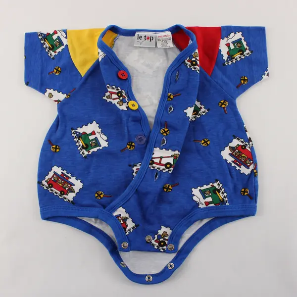 Le Top Teddy Bear Train Print Primary Colors Short-Sleeved One-Piece 6 Mo
