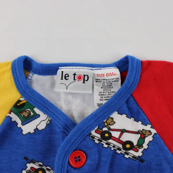 Le Top Teddy Bear Train Print Primary Colors Short-Sleeved One-Piece 6 Mo