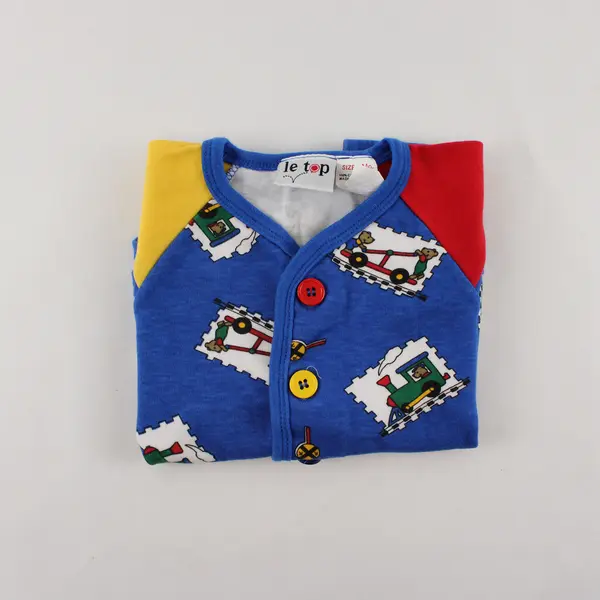 Le Top Teddy Bear Train Print Primary Colors Short-Sleeved One-Piece 6 Mo