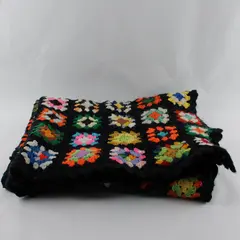 Vintage Handmade Granny Square Afghan Throw Blanket 43x64 Colorful on Black