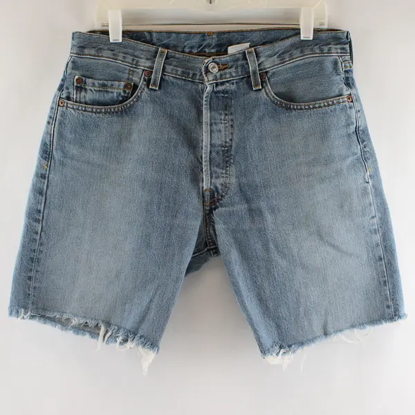 Levi's 501 Shorts Men's 34 Blue Denim Raw Hem Button Fly Medium Wash Cutoff