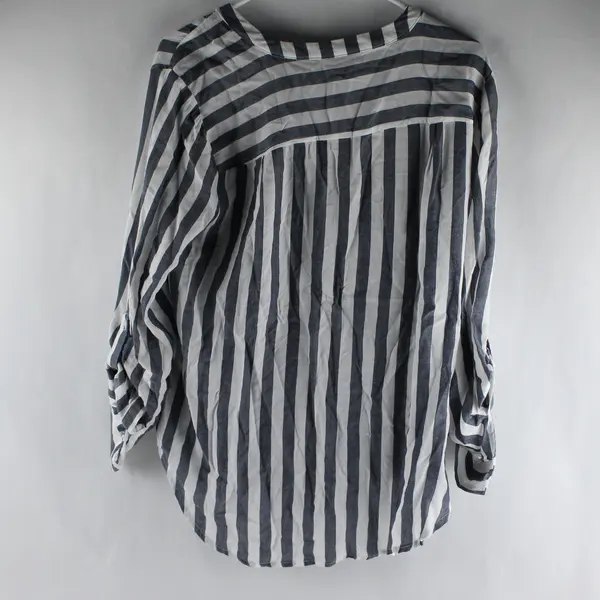 A New Approach Blue & White Striped Roll-Tab Sleeve Blouse Women's Medium