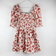 Everlily White and Orange Paisley Puff Sleeve Smocked Mini Dress Women's XL