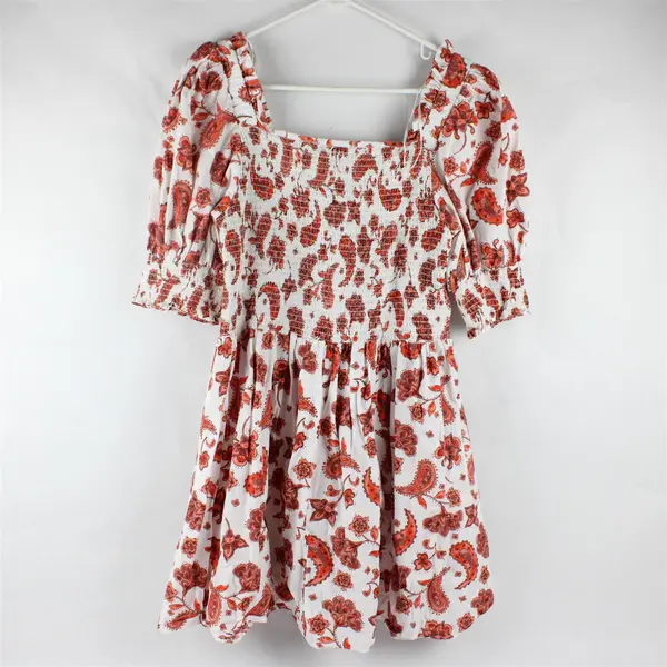 Everlily White and Orange Paisley Puff Sleeve Smocked Mini Dress Women's XL