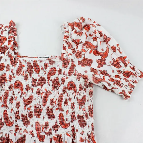 Everlily White and Orange Paisley Puff Sleeve Smocked Mini Dress Women's XL