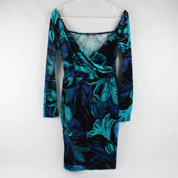 Venus Blue and Black Floral Pattern Velour Knee-Length Dress Women's Small