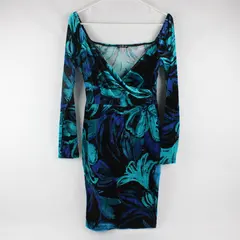 Venus Blue and Black Floral Pattern Velour Knee-Length Dress Women's Small
