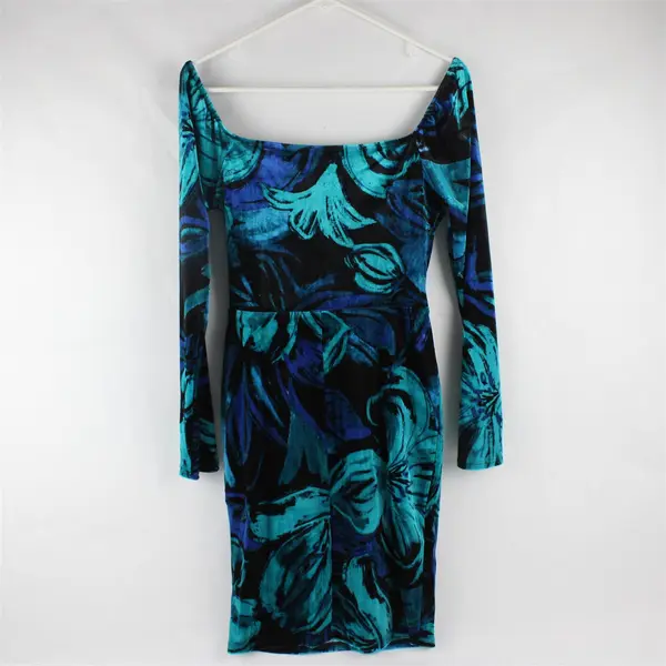 Venus Blue and Black Floral Pattern Velour Knee-Length Dress Women's Small