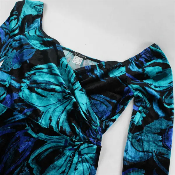 Venus Blue and Black Floral Pattern Velour Knee-Length Dress Women's Small