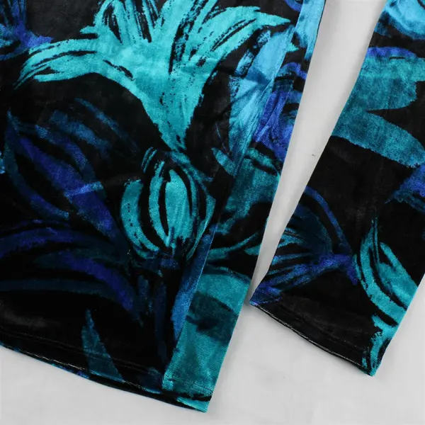 Venus Blue and Black Floral Pattern Velour Knee-Length Dress Women's Small