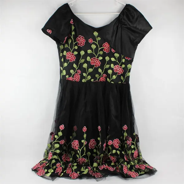 NWT Ibtom Castle Floral Embroidered Black Tulle Midi Dress Women's XL