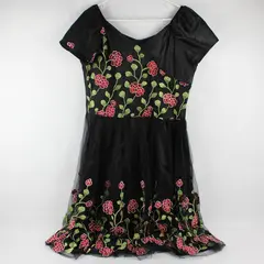 NWT Ibtom Castle Floral Embroidered Black Tulle Midi Dress Women's XL