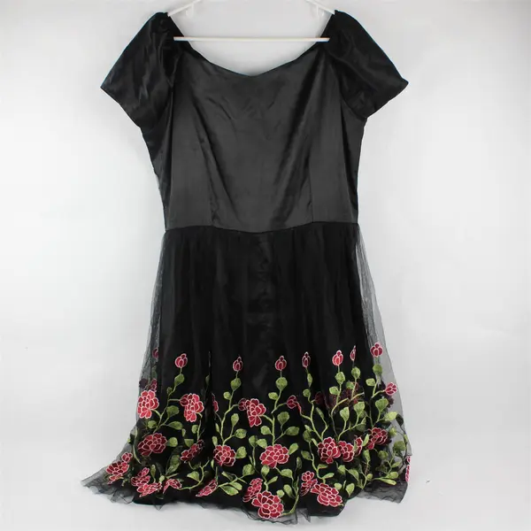 NWT Ibtom Castle Floral Embroidered Black Tulle Midi Dress Women's XL