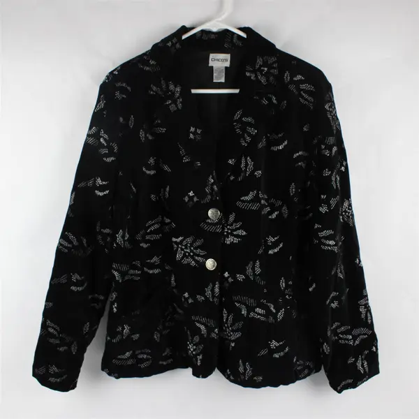 Chico's Silver Embroidered Black Velvet Blazer Women's Size 2