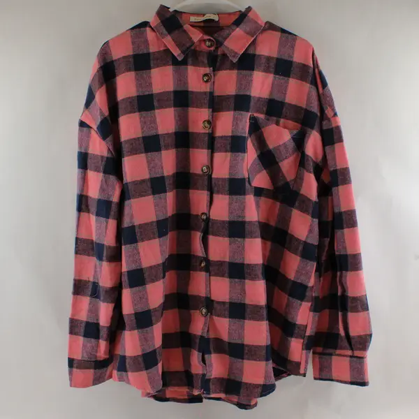 NWT Fantaslook Pink and Blue Check Button-Up Flannel Women's XL
