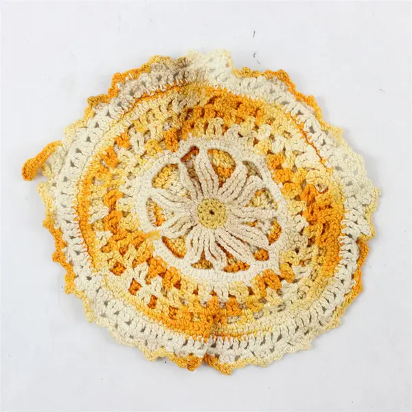 Vintage Handmade Crocheted Yellow Flower Hot Pad 6.5" Flawed