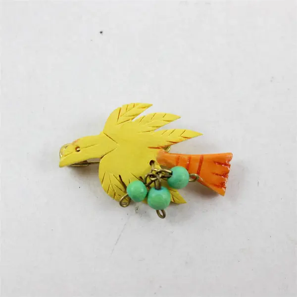 Vintage Yellow Carved Wood Bird Brooch Orange Tail Bead Accents