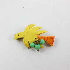 Vintage Yellow Carved Wood Bird Brooch Orange Tail Bead Accents