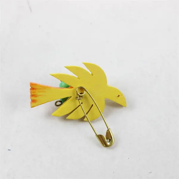 Vintage Yellow Carved Wood Bird Brooch Orange Tail Bead Accents