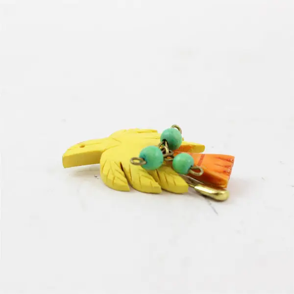 Vintage Yellow Carved Wood Bird Brooch Orange Tail Bead Accents