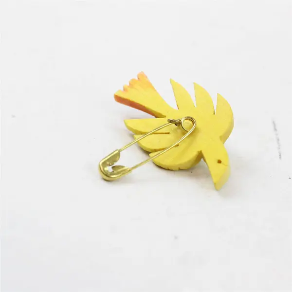 Vintage Yellow Carved Wood Bird Brooch Orange Tail Bead Accents