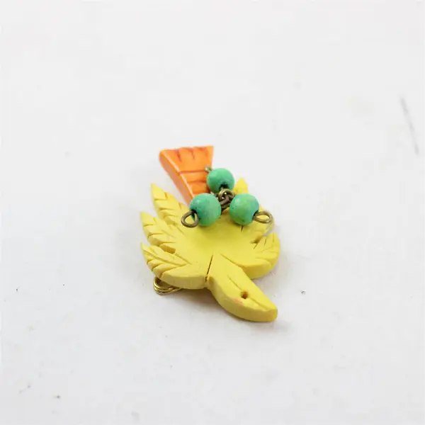 Vintage Yellow Carved Wood Bird Brooch Orange Tail Bead Accents