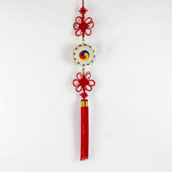 Korean Drum Decoration Taegeuk Symbol Red Tassel Cultural Collectible