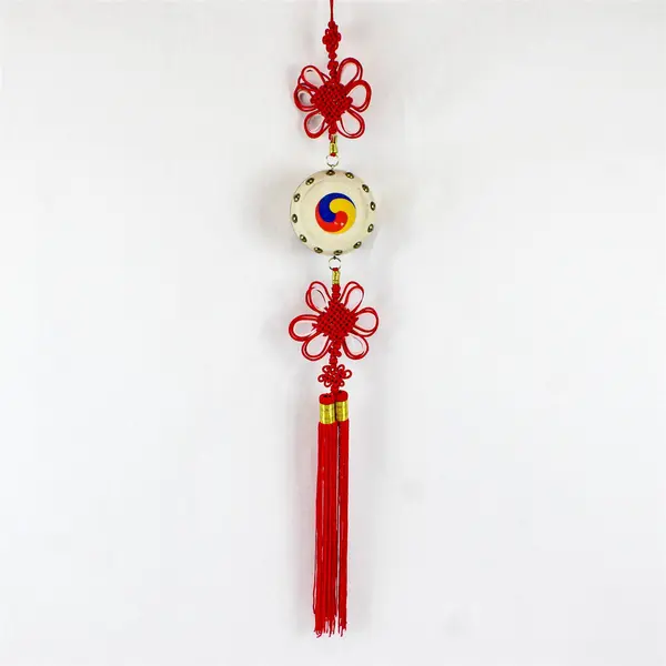 Korean Drum Decoration Taegeuk Symbol Red Tassel Cultural Collectible