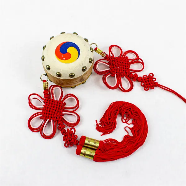 Korean Drum Decoration Taegeuk Symbol Red Tassel Cultural Collectible