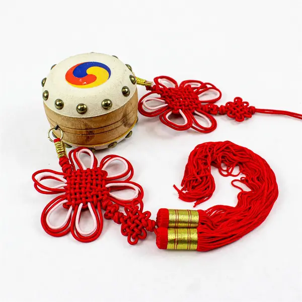 Korean Drum Decoration Taegeuk Symbol Red Tassel Cultural Collectible