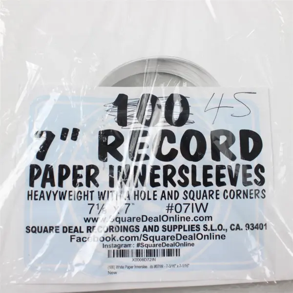 Square Deal 45 Pack White 7in Record Inner Sleeves MPN 07IW
