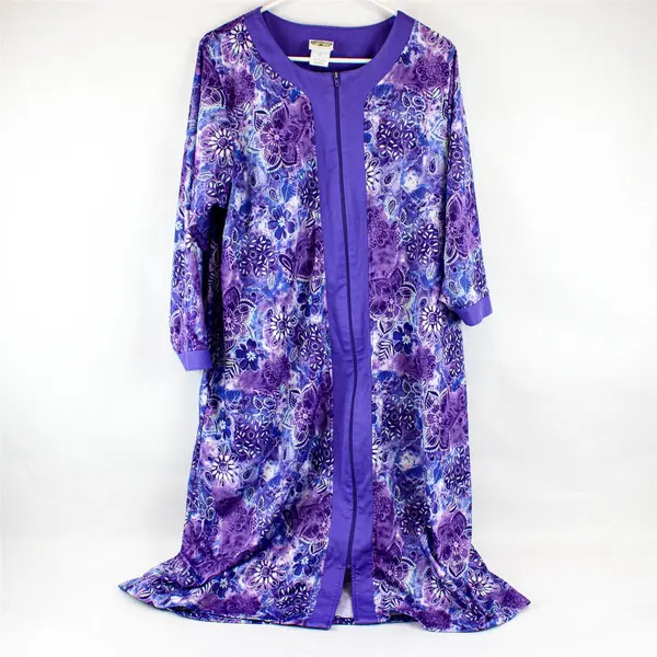 Collections Etc. Purple Floral Pattern Zip-Up House Dress Women's Large