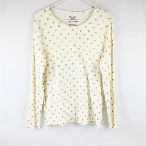 Faded Glory Gold Star Pattern White Long-Sleeved T-Shirt Women's XL 16-18