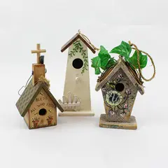Lot of 3 Hand-Painted Wooden Birdhouse Ornaments