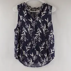 Peace & Pearls Blue White Floral Pattern V-Neck Sleeveless Blouse Women's Large