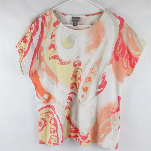 Chico's Multicolor Print Short Sleeve T-Shirt Yellow Orange Pink Cream Sz 2