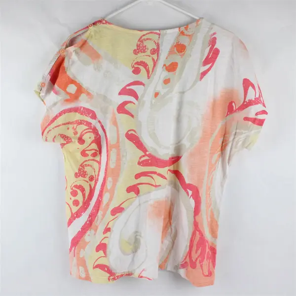 Chico's Multicolor Print Short Sleeve T-Shirt Yellow Orange Pink Cream Sz 2