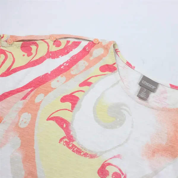 Chico's Multicolor Print Short Sleeve T-Shirt Yellow Orange Pink Cream Sz 2